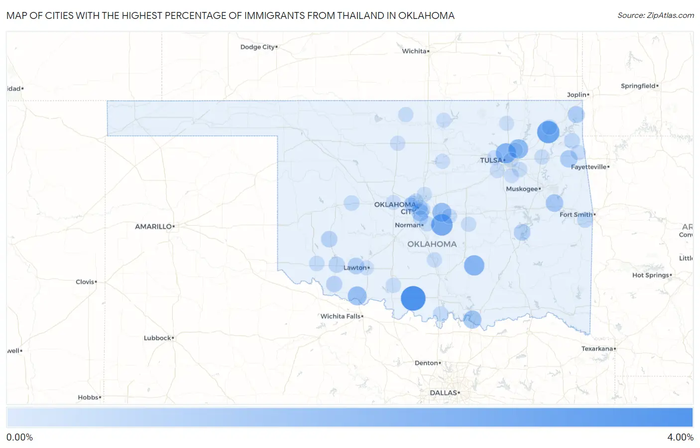 Cities with the Highest Percentage of Immigrants from Thailand in Oklahoma Map