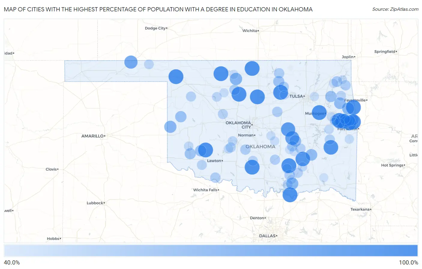 Cities with the Highest Percentage of Population with a Degree in Education in Oklahoma Map