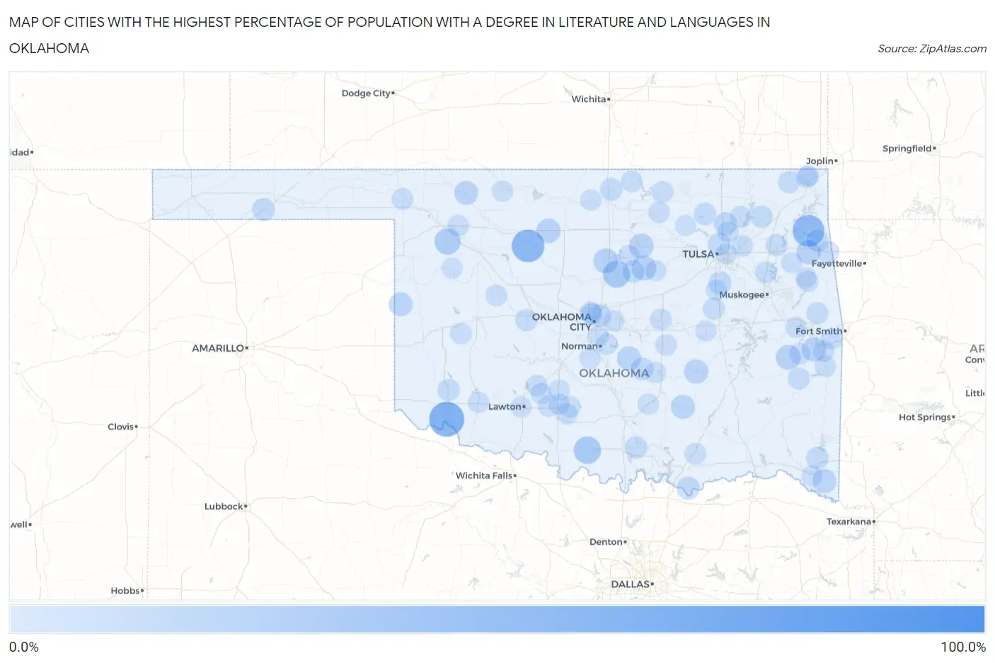 Cities with the Highest Percentage of Population with a Degree in Literature and Languages in Oklahoma Map