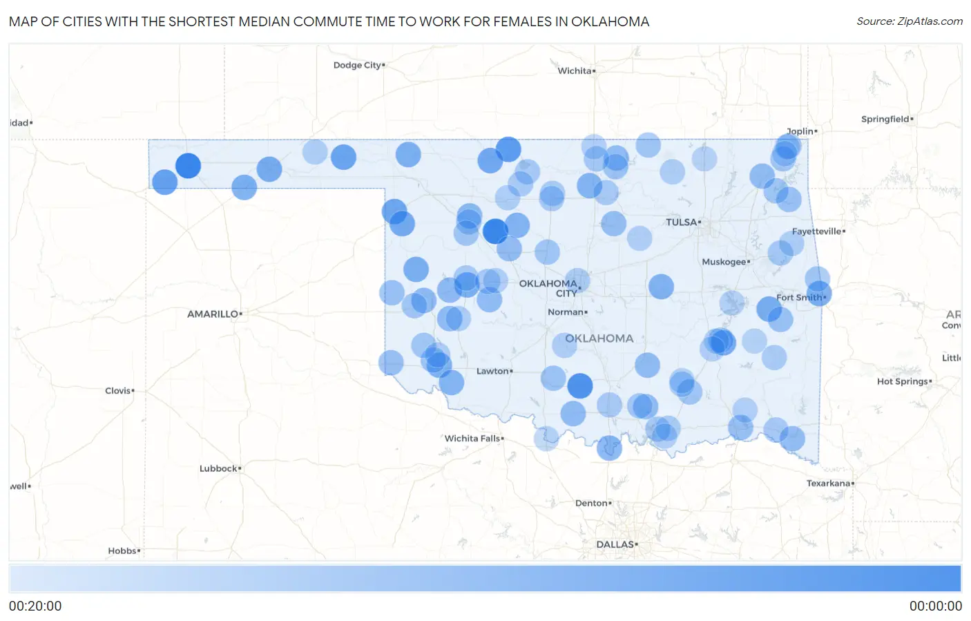 Cities with the Shortest Median Commute Time to Work for Females in Oklahoma Map