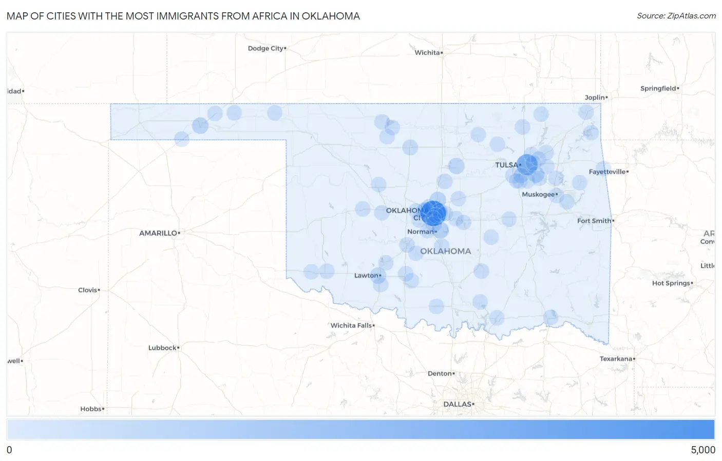 Cities with the Most Immigrants from Africa in Oklahoma Map