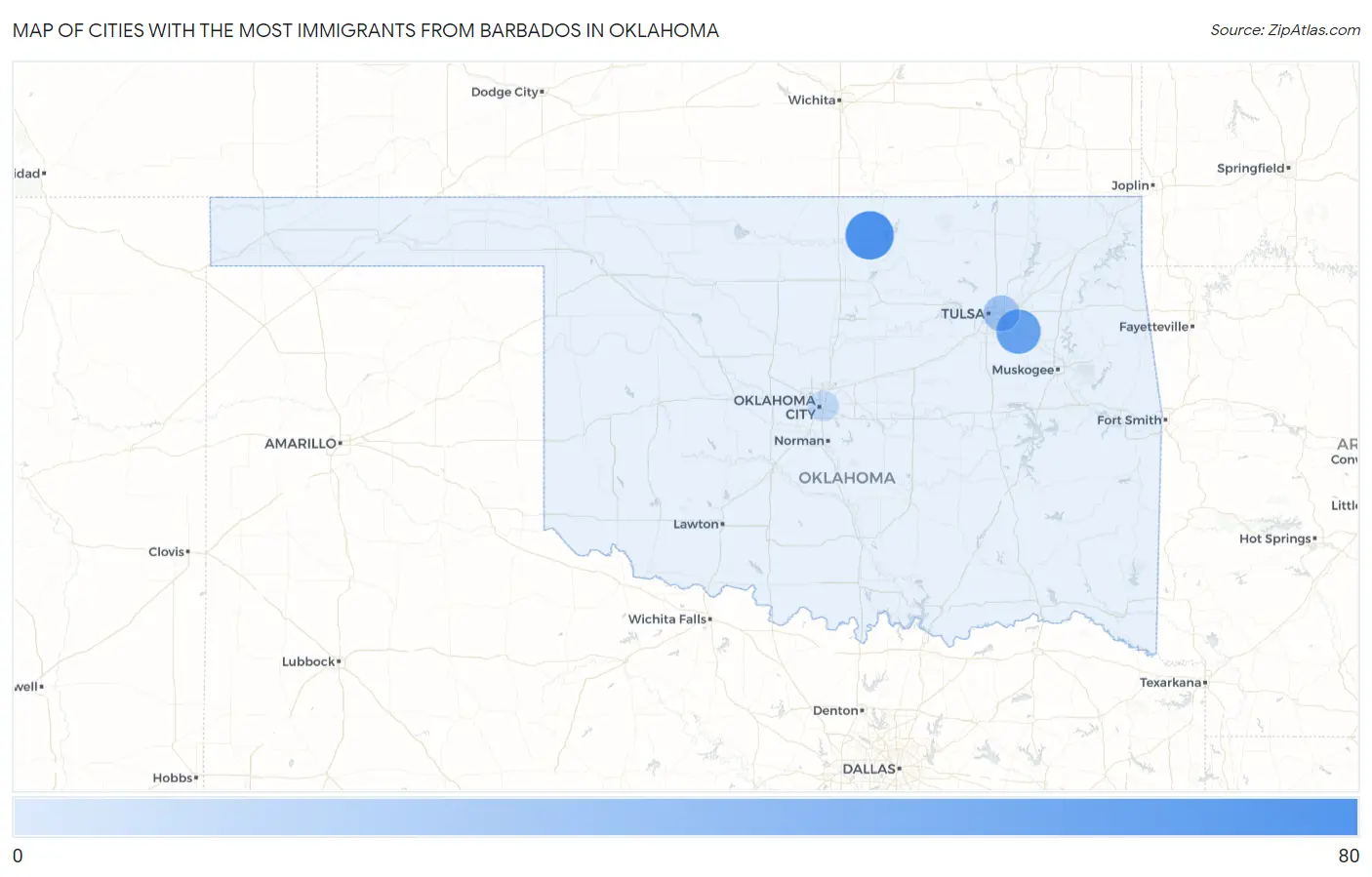 Cities with the Most Immigrants from Barbados in Oklahoma Map