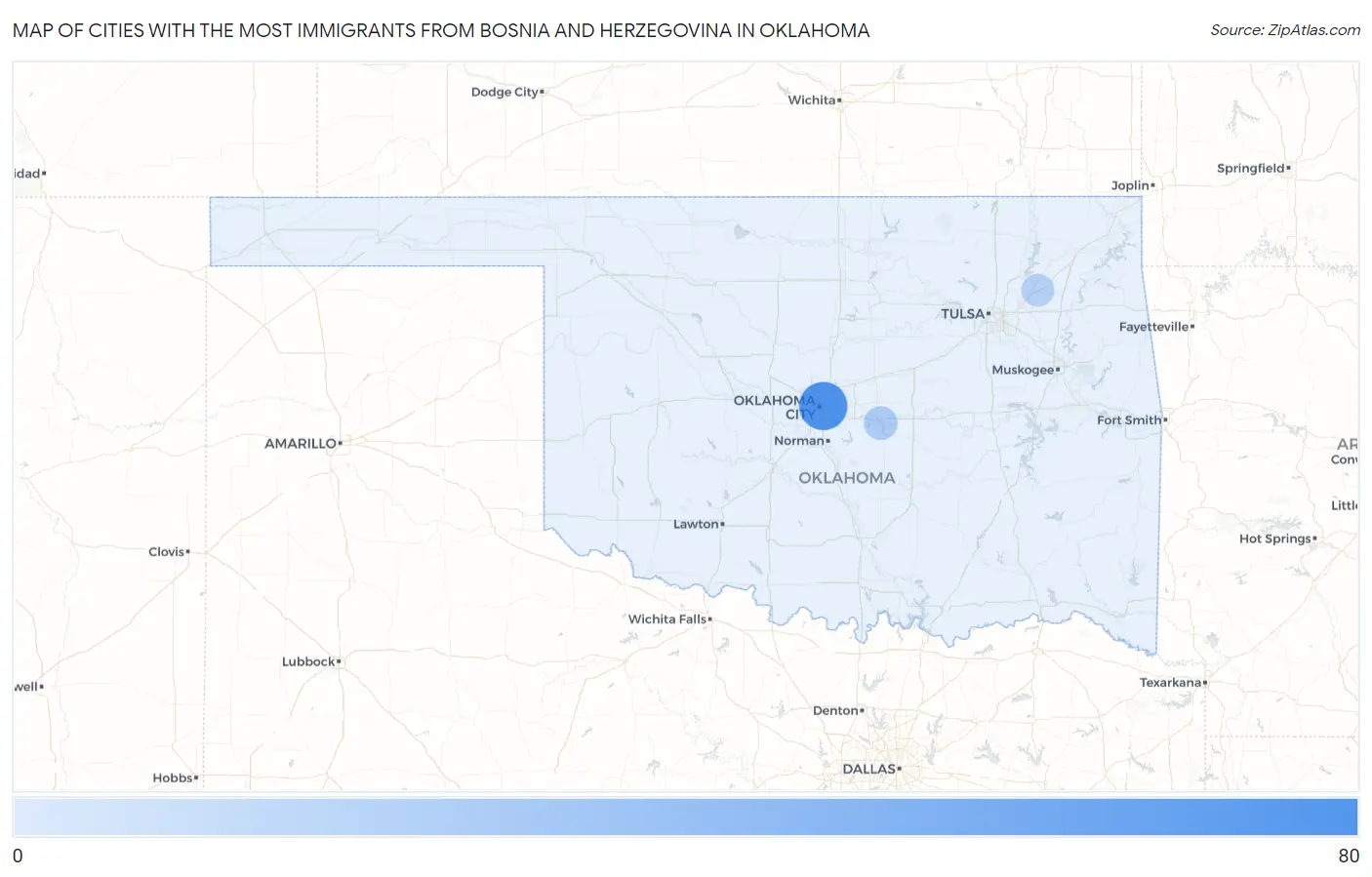 Cities with the Most Immigrants from Bosnia and Herzegovina in Oklahoma Map