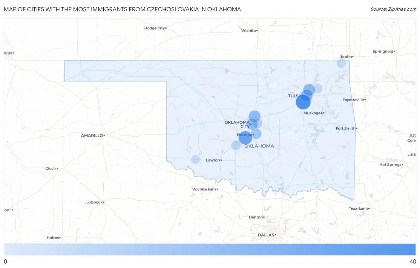 Cities with the Most Immigrants from Czechoslovakia in Oklahoma Map