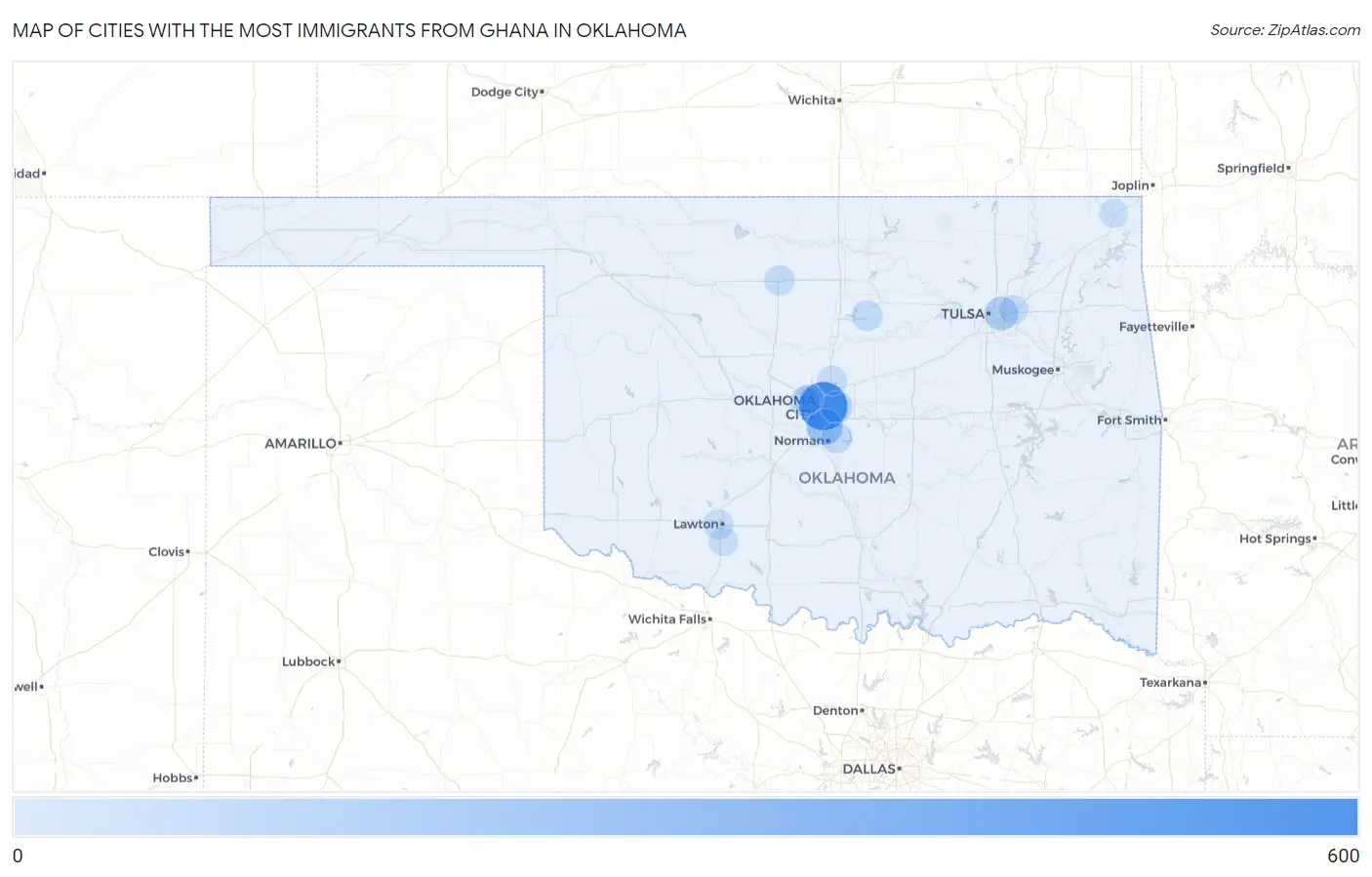 Cities with the Most Immigrants from Ghana in Oklahoma Map