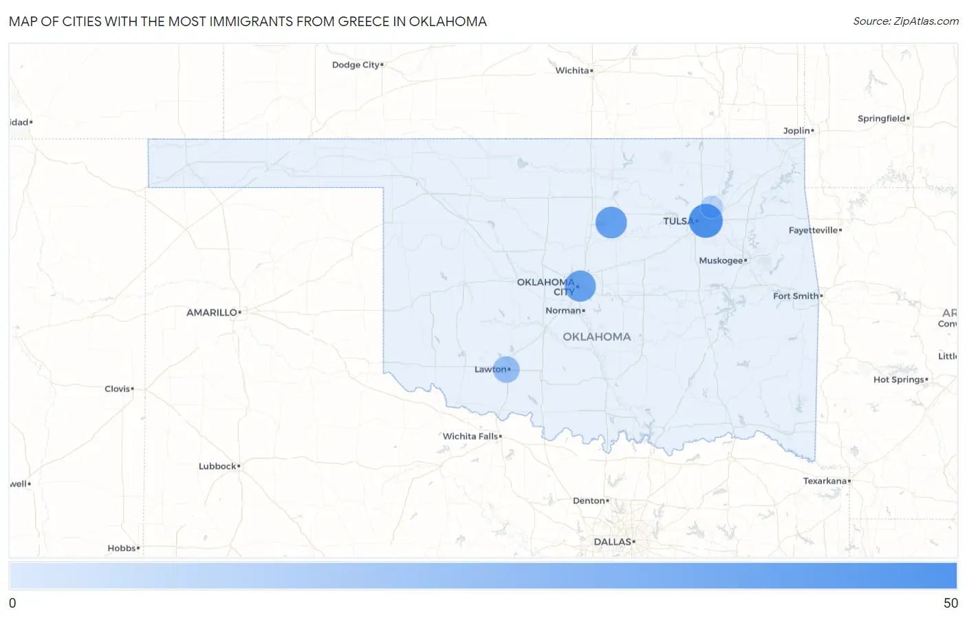 Cities with the Most Immigrants from Greece in Oklahoma Map