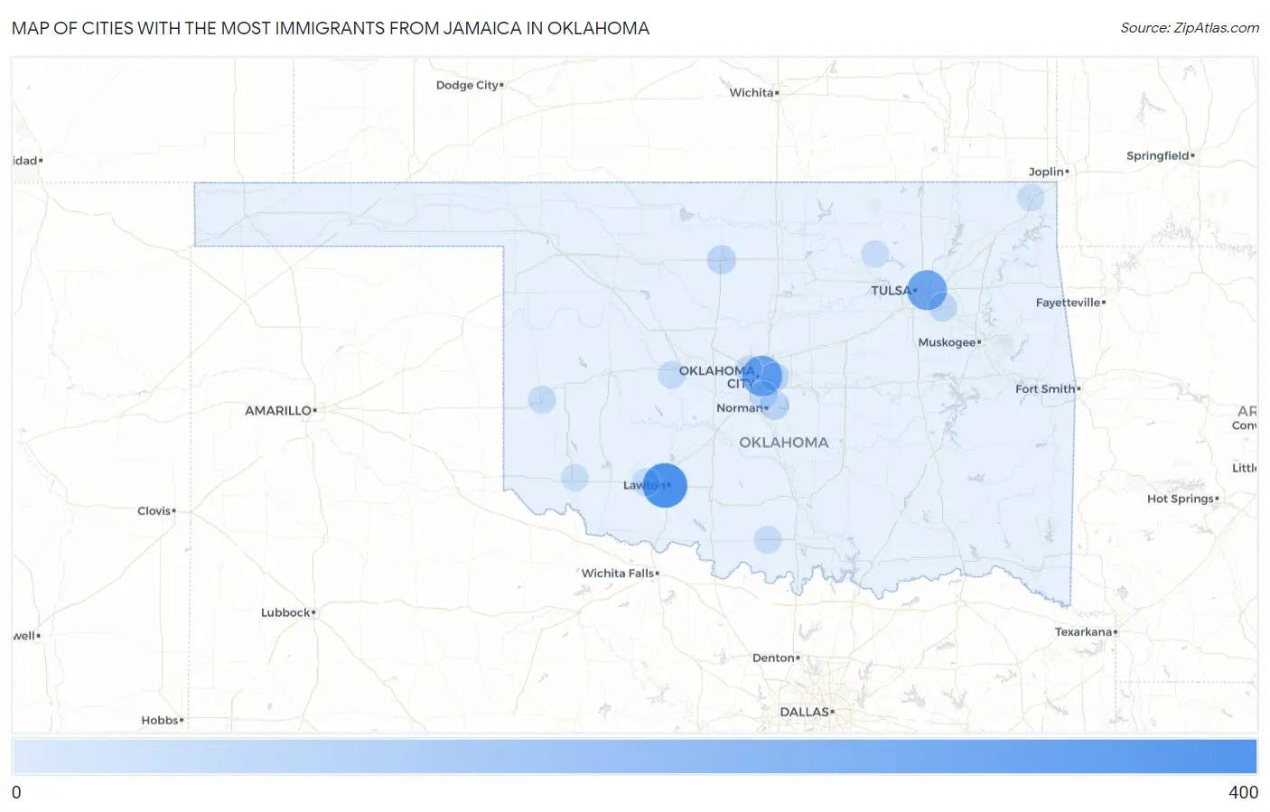 Cities with the Most Immigrants from Jamaica in Oklahoma Map