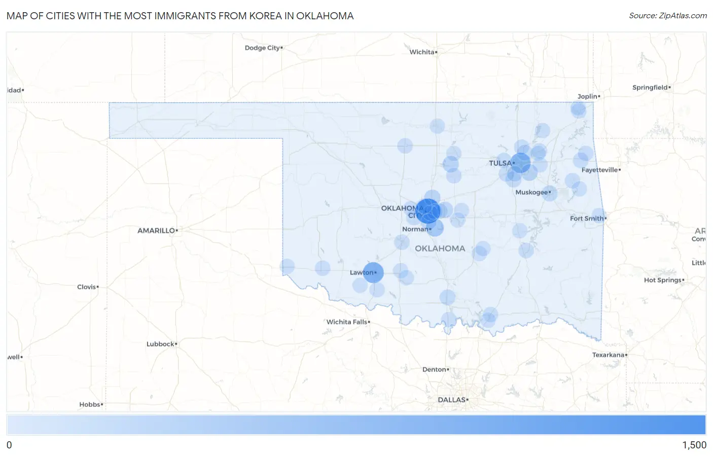 Cities with the Most Immigrants from Korea in Oklahoma Map
