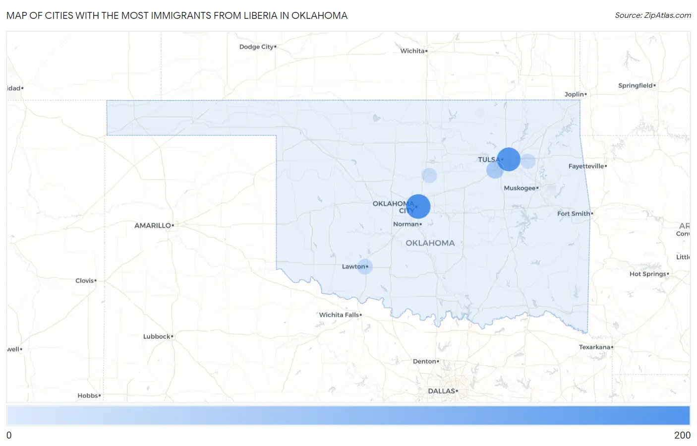 Cities with the Most Immigrants from Liberia in Oklahoma Map