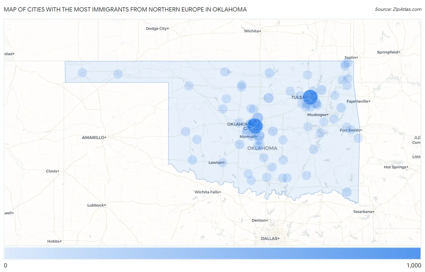 Cities with the Most Immigrants from Northern Europe in Oklahoma Map