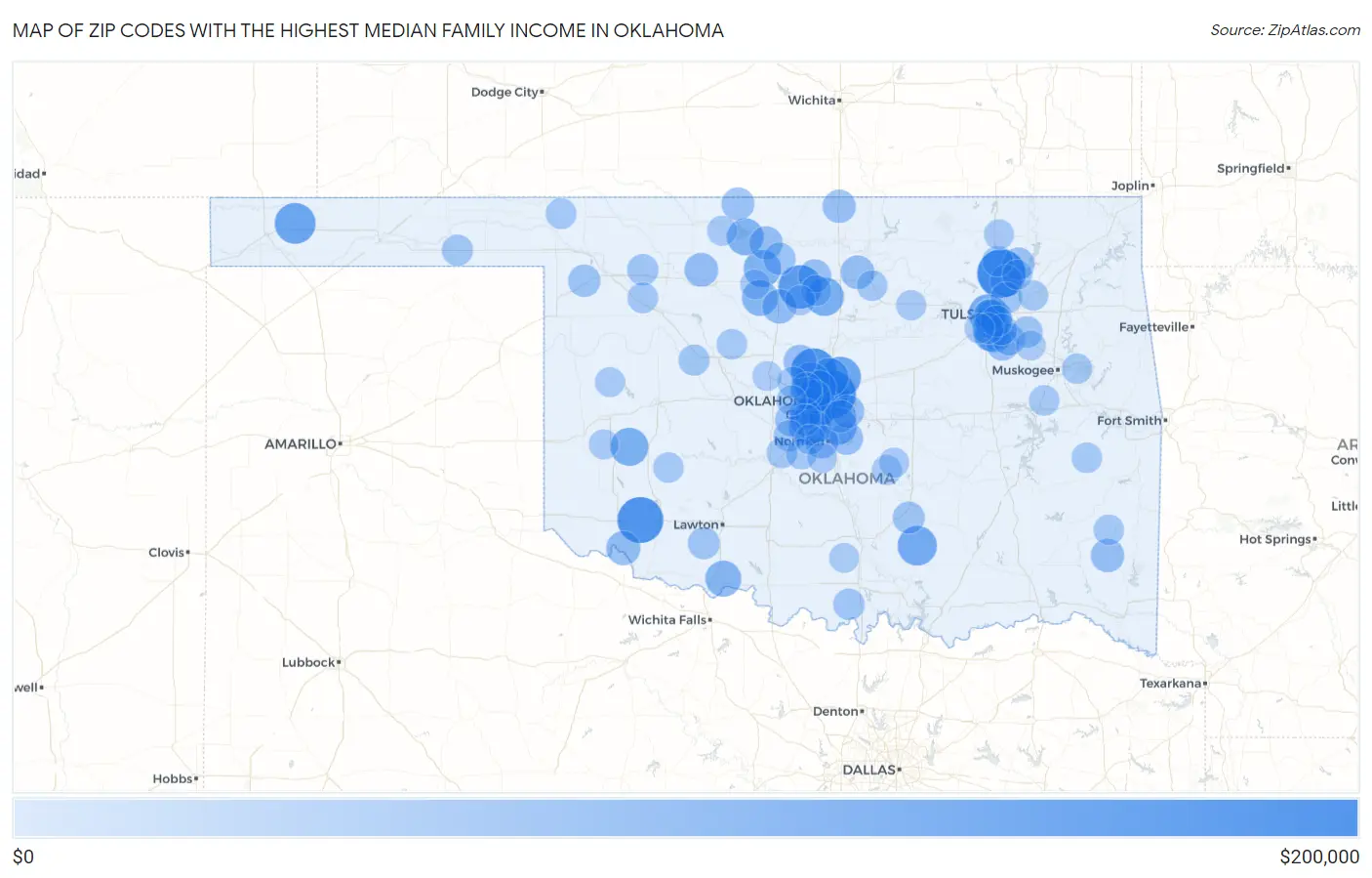 Zip Codes with the Highest Median Family Income in Oklahoma Map