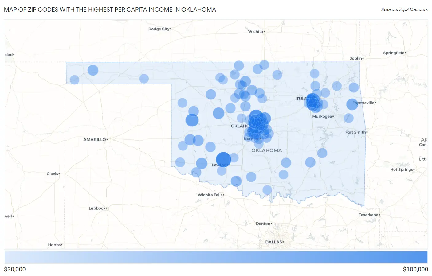 Zip Codes with the Highest Per Capita Income in Oklahoma Map