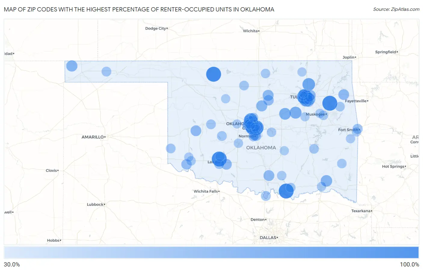 Zip Codes with the Highest Percentage of Renter-Occupied Units in Oklahoma Map