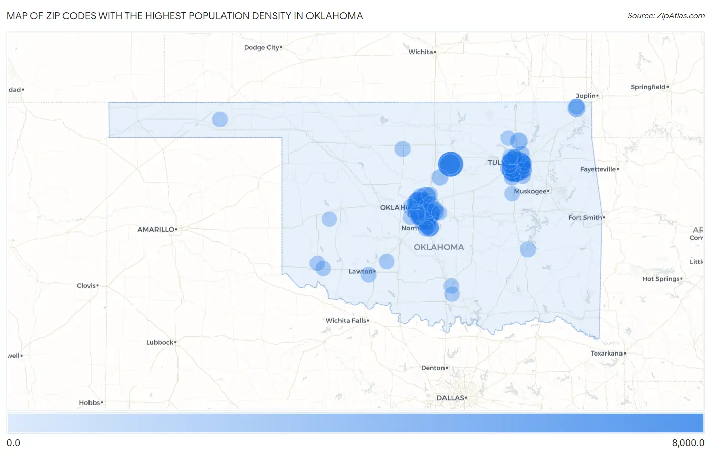 Zip Codes with the Highest Population Density in Oklahoma Map