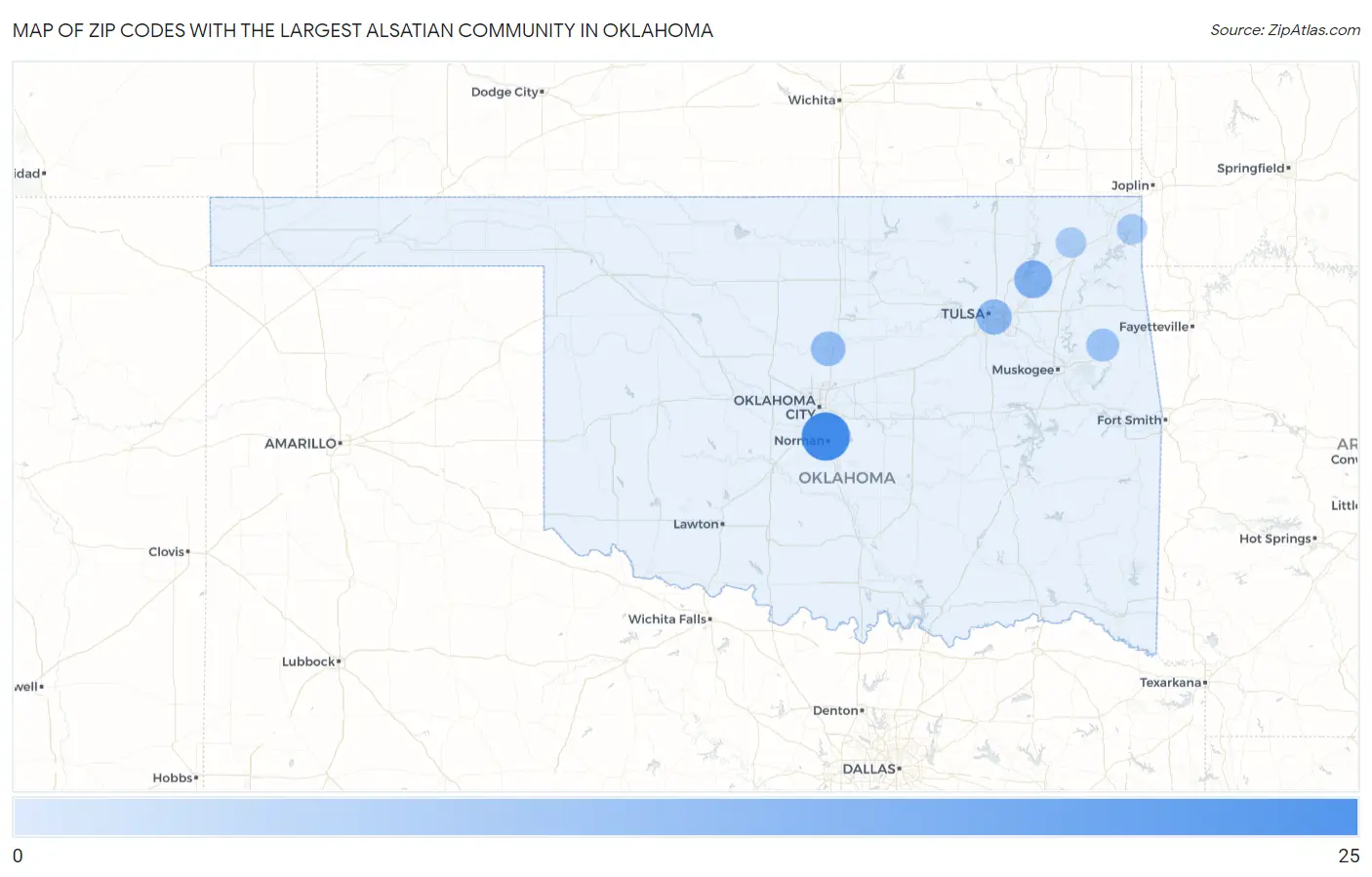 Zip Codes with the Largest Alsatian Community in Oklahoma Map