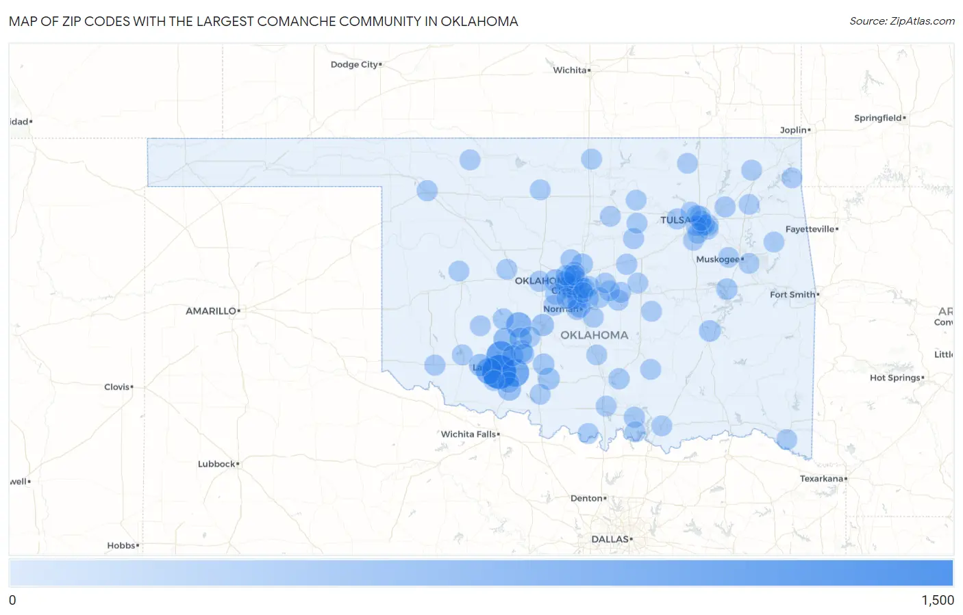 Zip Codes with the Largest Comanche Community in Oklahoma Map