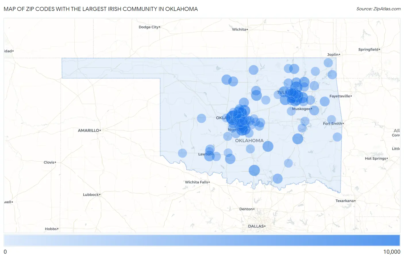 Zip Codes with the Largest Irish Community in Oklahoma Map