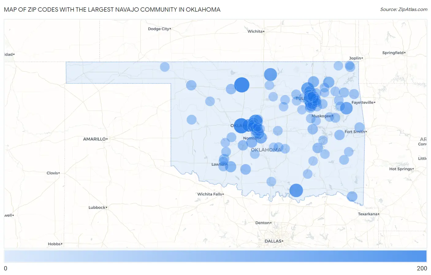 Zip Codes with the Largest Navajo Community in Oklahoma Map