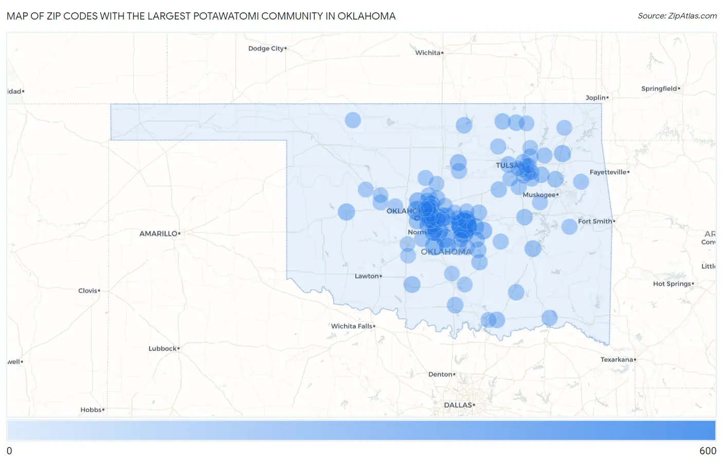 Zip Codes with the Largest Potawatomi Community in Oklahoma Map
