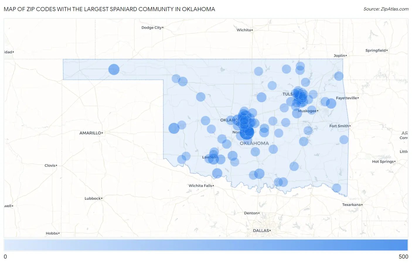 Zip Codes with the Largest Spaniard Community in Oklahoma Map