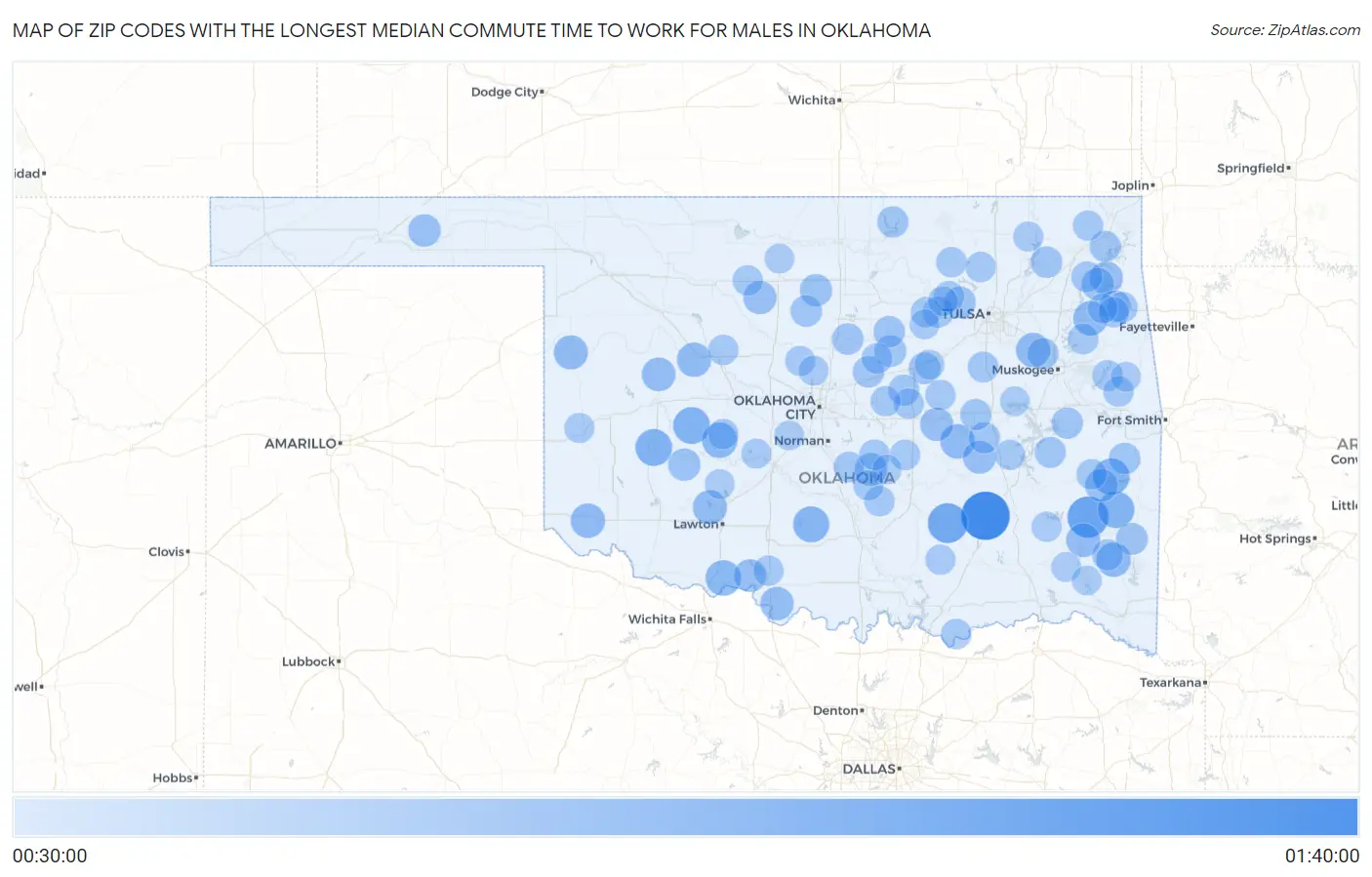 Zip Codes with the Longest Median Commute Time to Work for Males in Oklahoma Map