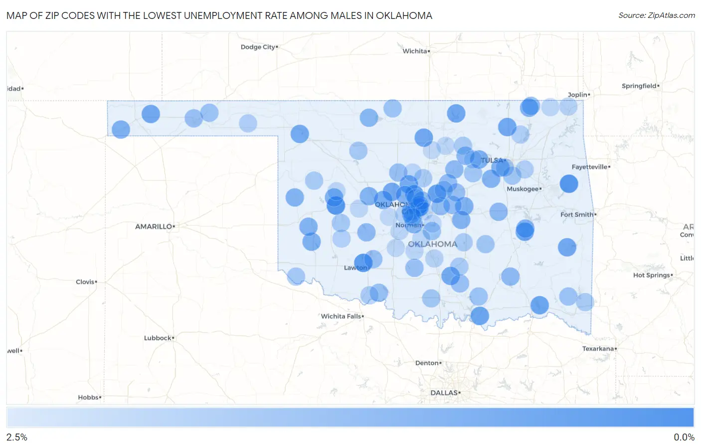 Zip Codes with the Lowest Unemployment Rate Among Males in Oklahoma Map