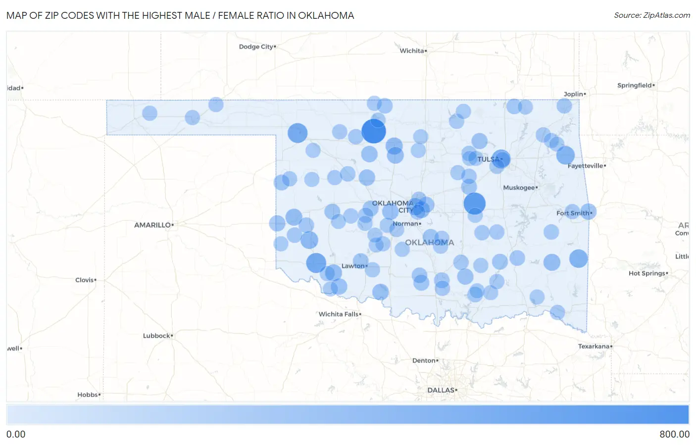 Zip Codes with the Highest Male / Female Ratio in Oklahoma Map