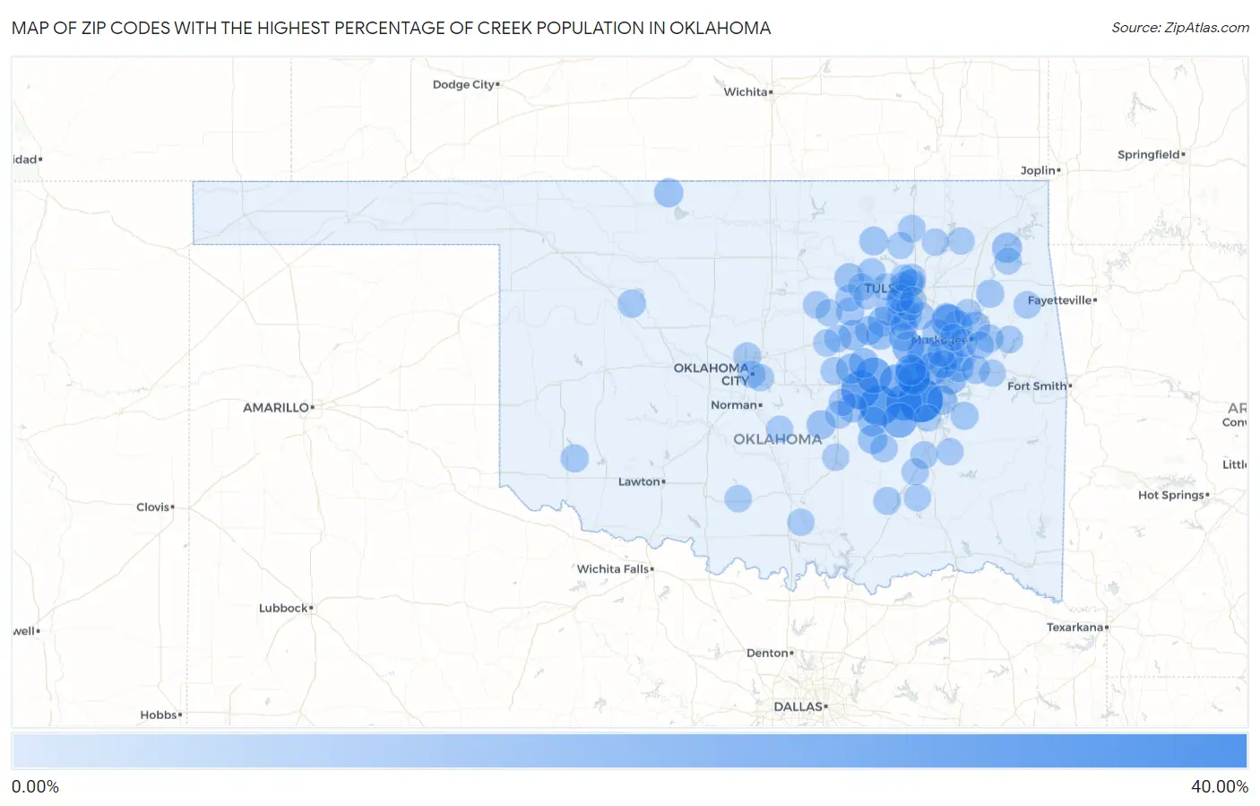 Zip Codes with the Highest Percentage of Creek Population in Oklahoma Map