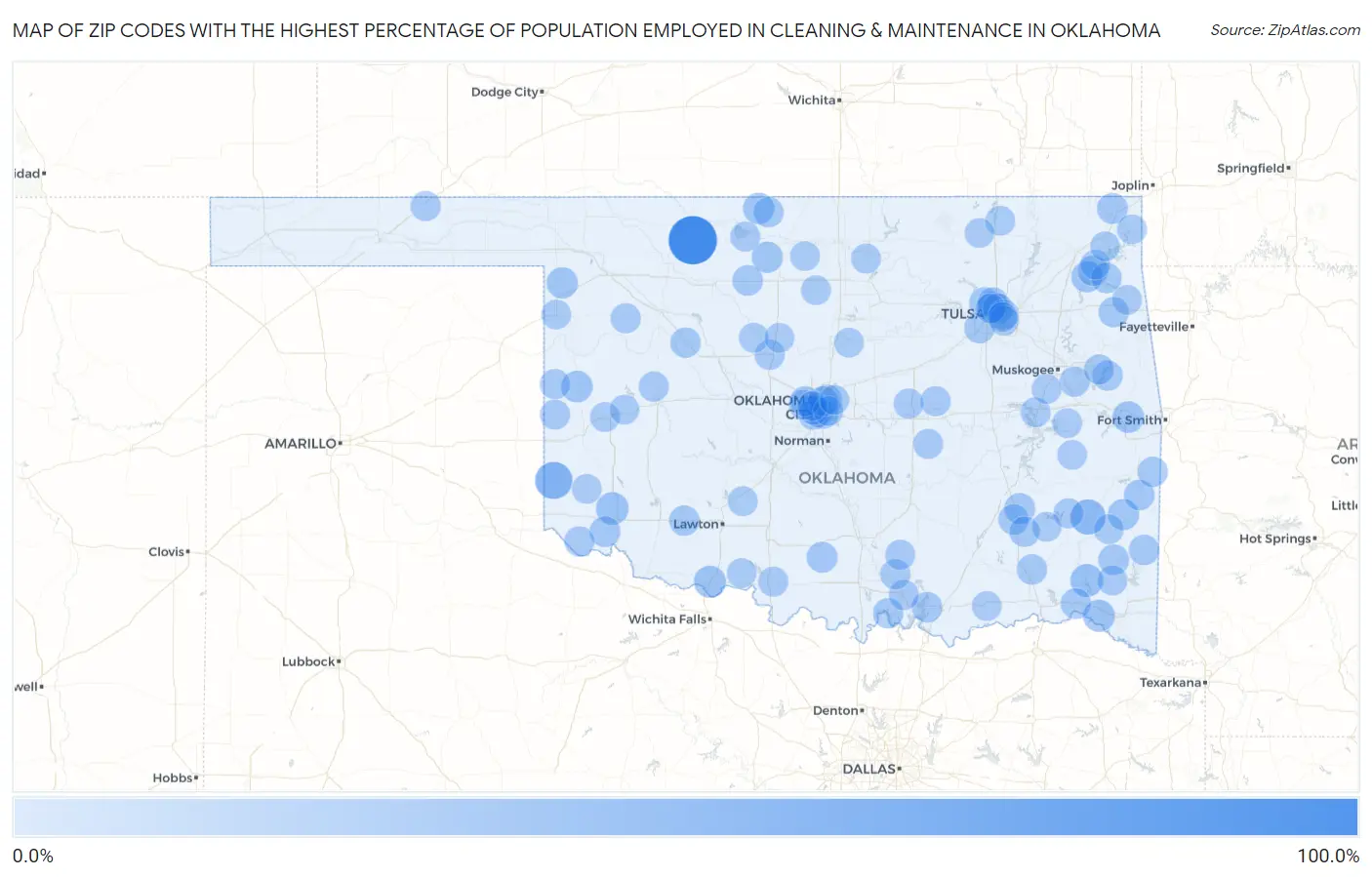 Zip Codes with the Highest Percentage of Population Employed in Cleaning & Maintenance in Oklahoma Map