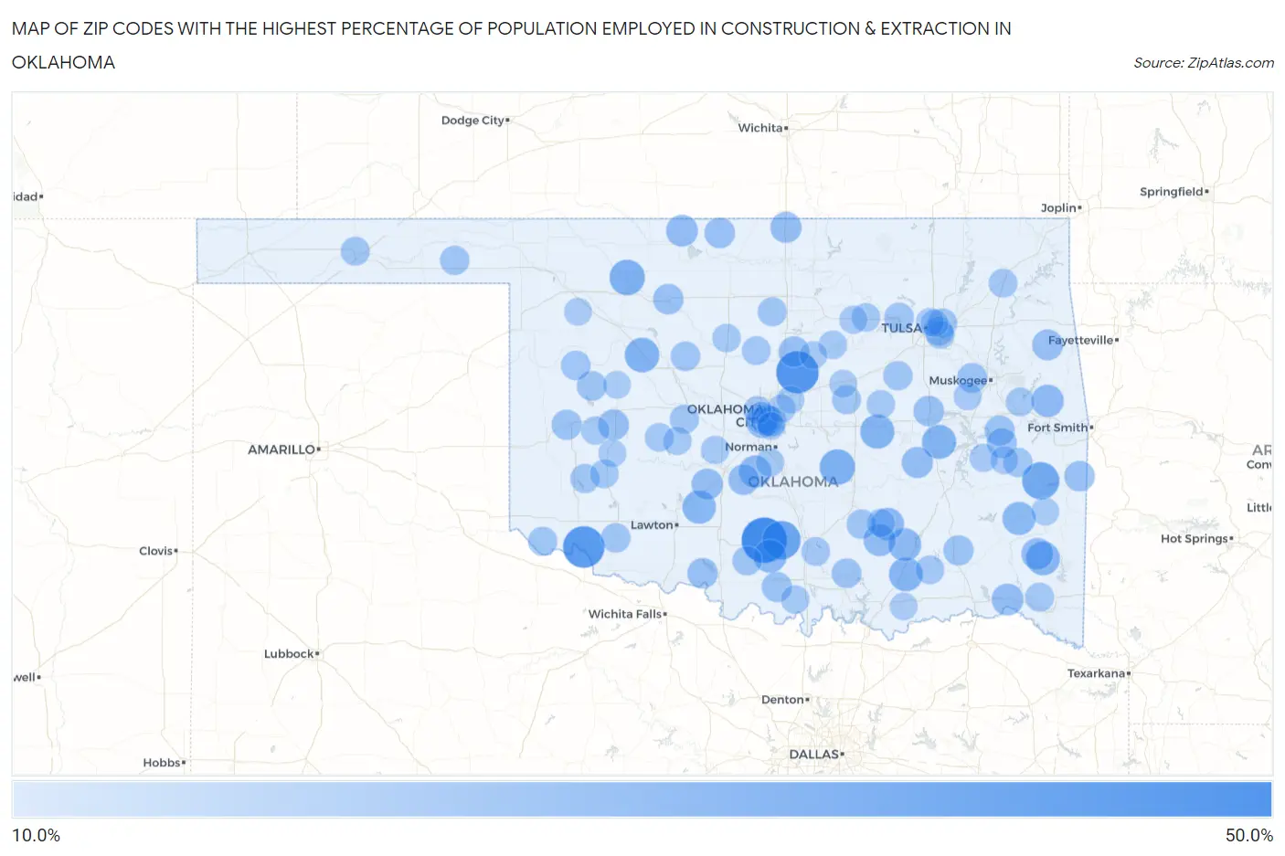 Zip Codes with the Highest Percentage of Population Employed in Construction & Extraction in Oklahoma Map