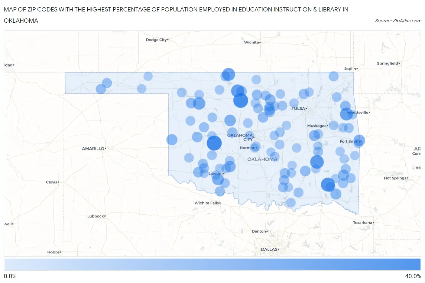 Zip Codes with the Highest Percentage of Population Employed in Education Instruction & Library in Oklahoma Map