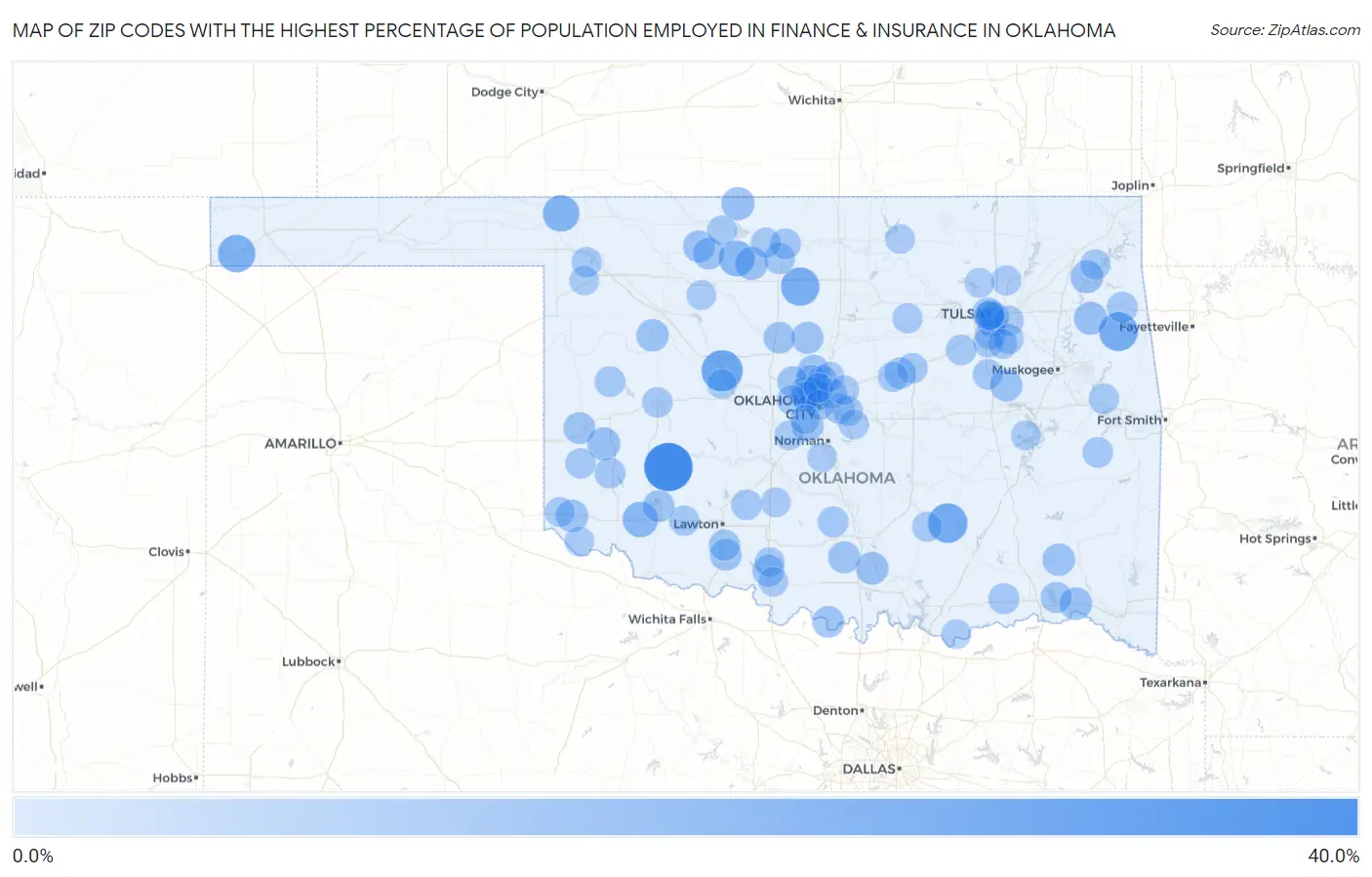 Zip Codes with the Highest Percentage of Population Employed in Finance & Insurance in Oklahoma Map