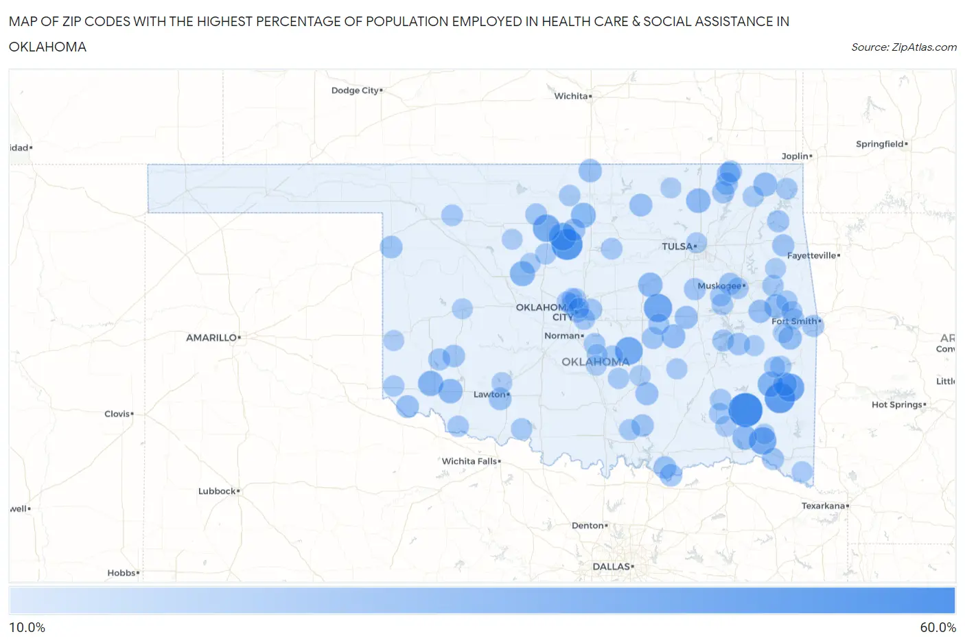 Zip Codes with the Highest Percentage of Population Employed in Health Care & Social Assistance in Oklahoma Map