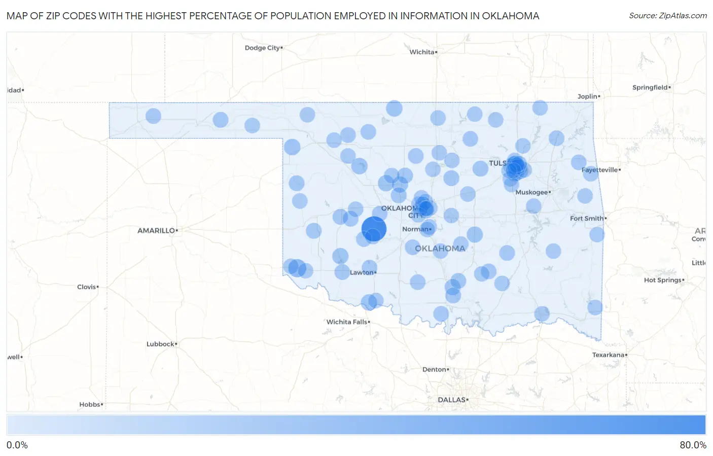 Zip Codes with the Highest Percentage of Population Employed in Information in Oklahoma Map