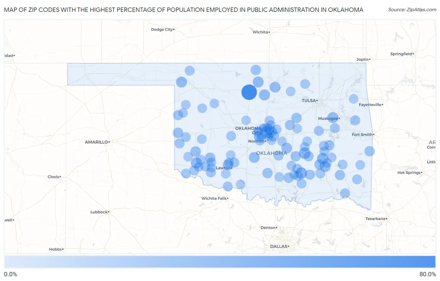 Zip Codes with the Highest Percentage of Population Employed in Public Administration in Oklahoma Map