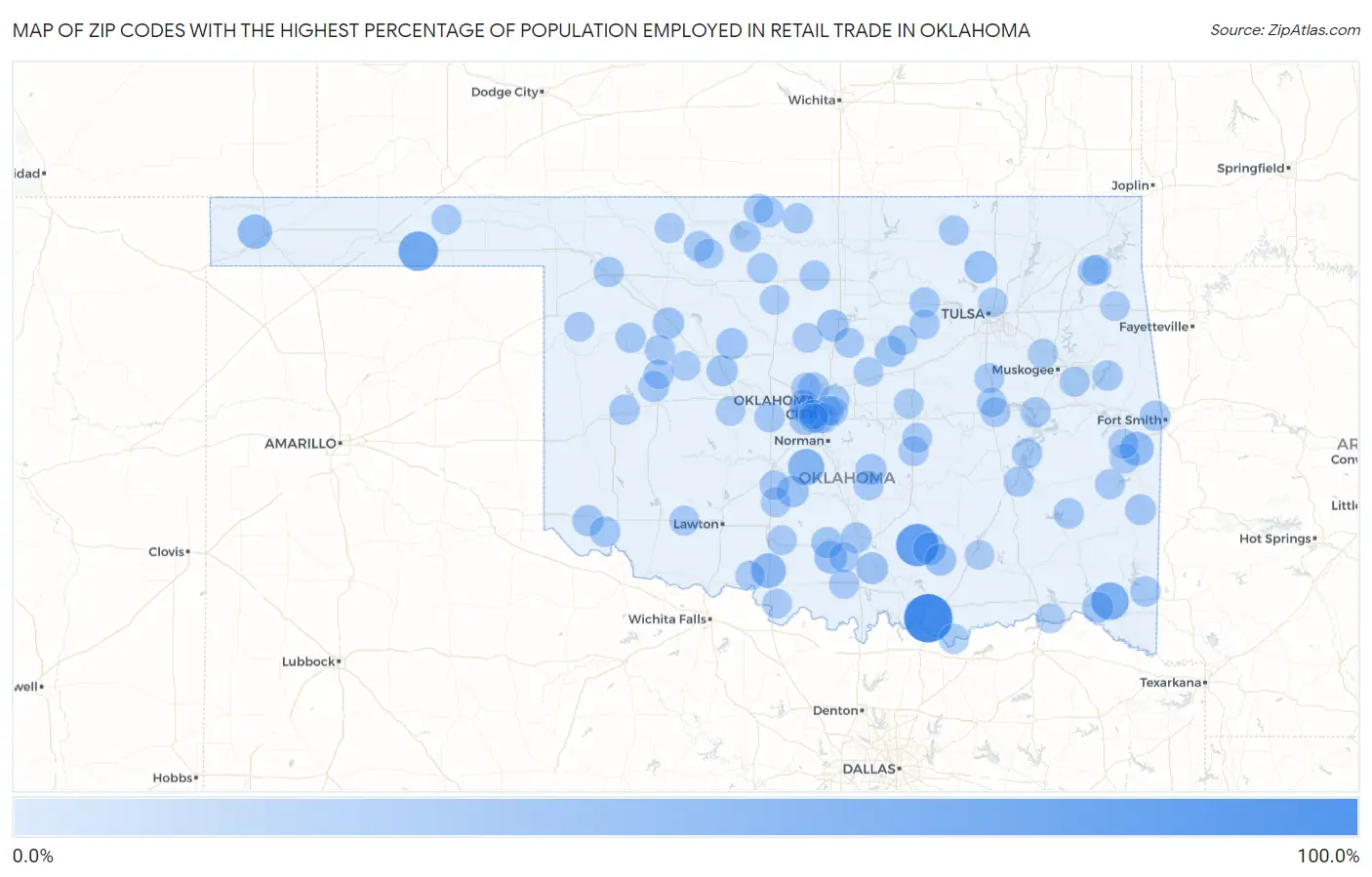 Zip Codes with the Highest Percentage of Population Employed in Retail Trade in Oklahoma Map