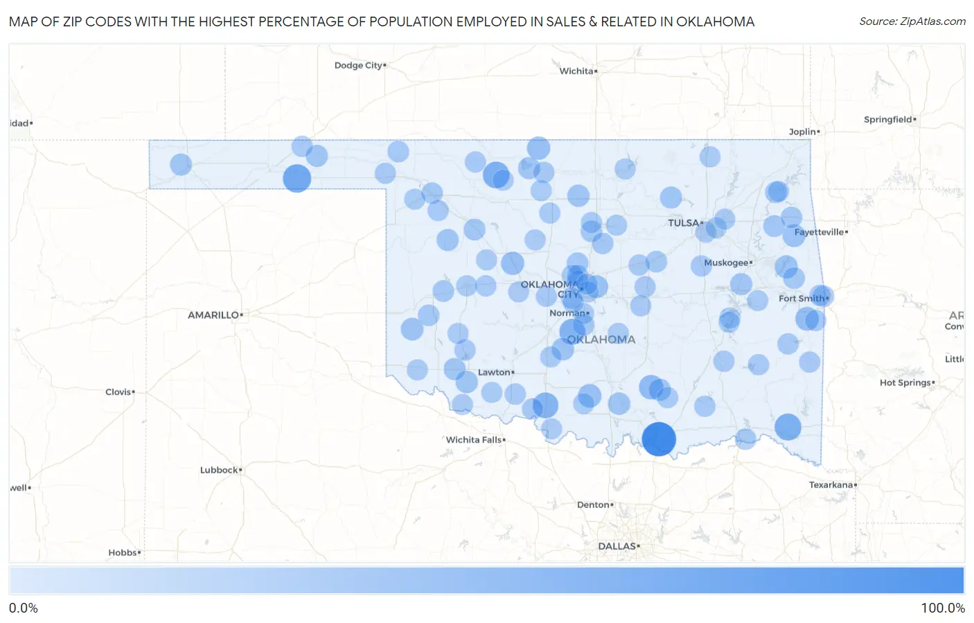 Zip Codes with the Highest Percentage of Population Employed in Sales & Related in Oklahoma Map