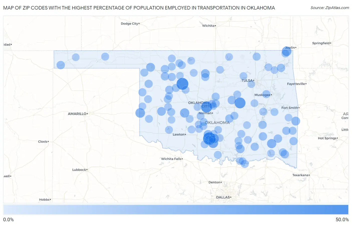 Zip Codes with the Highest Percentage of Population Employed in Transportation in Oklahoma Map