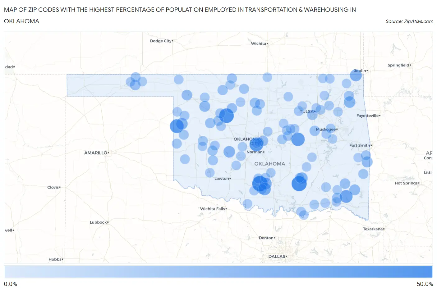 Zip Codes with the Highest Percentage of Population Employed in Transportation & Warehousing in Oklahoma Map