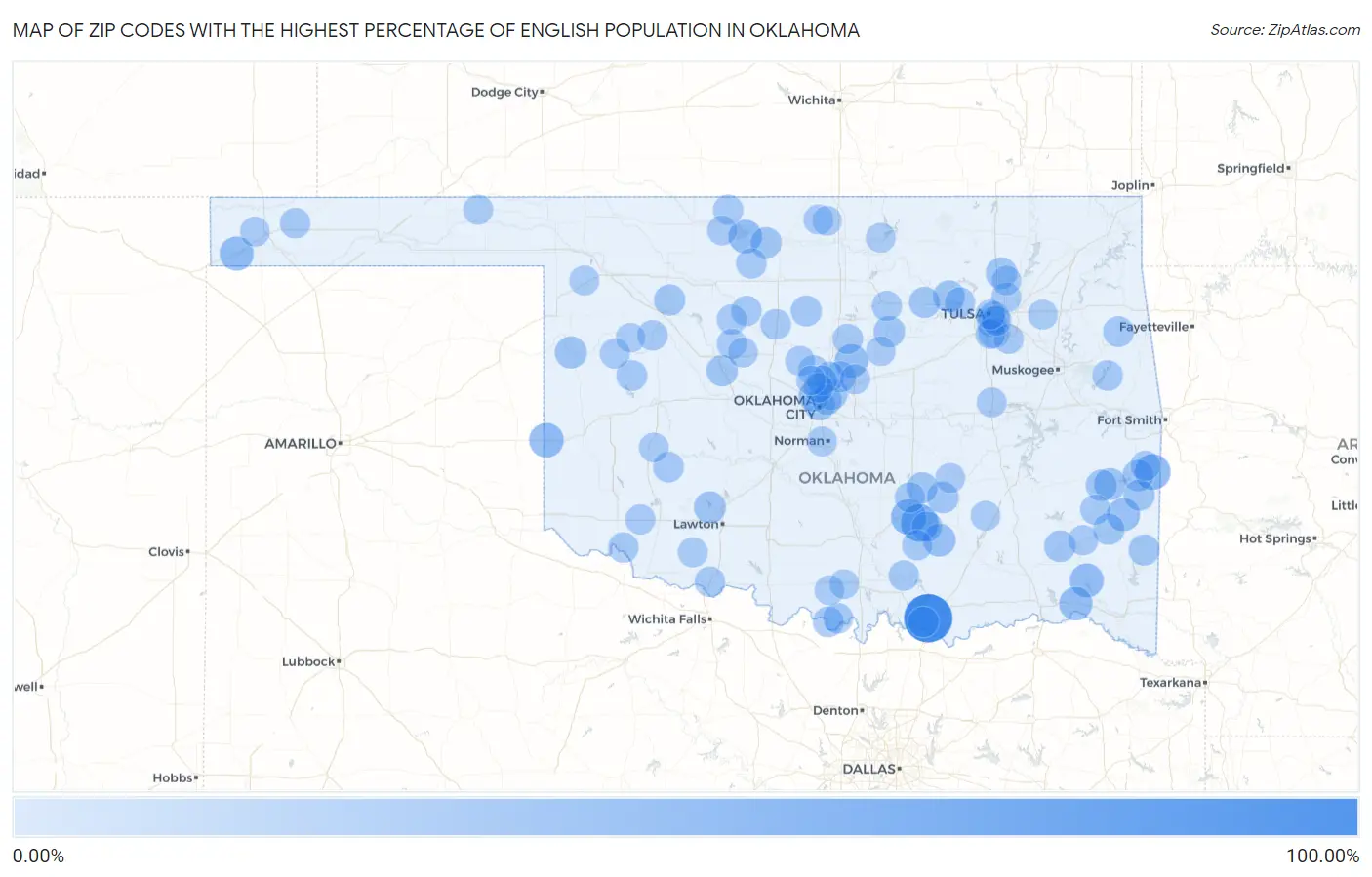 Zip Codes with the Highest Percentage of English Population in Oklahoma Map