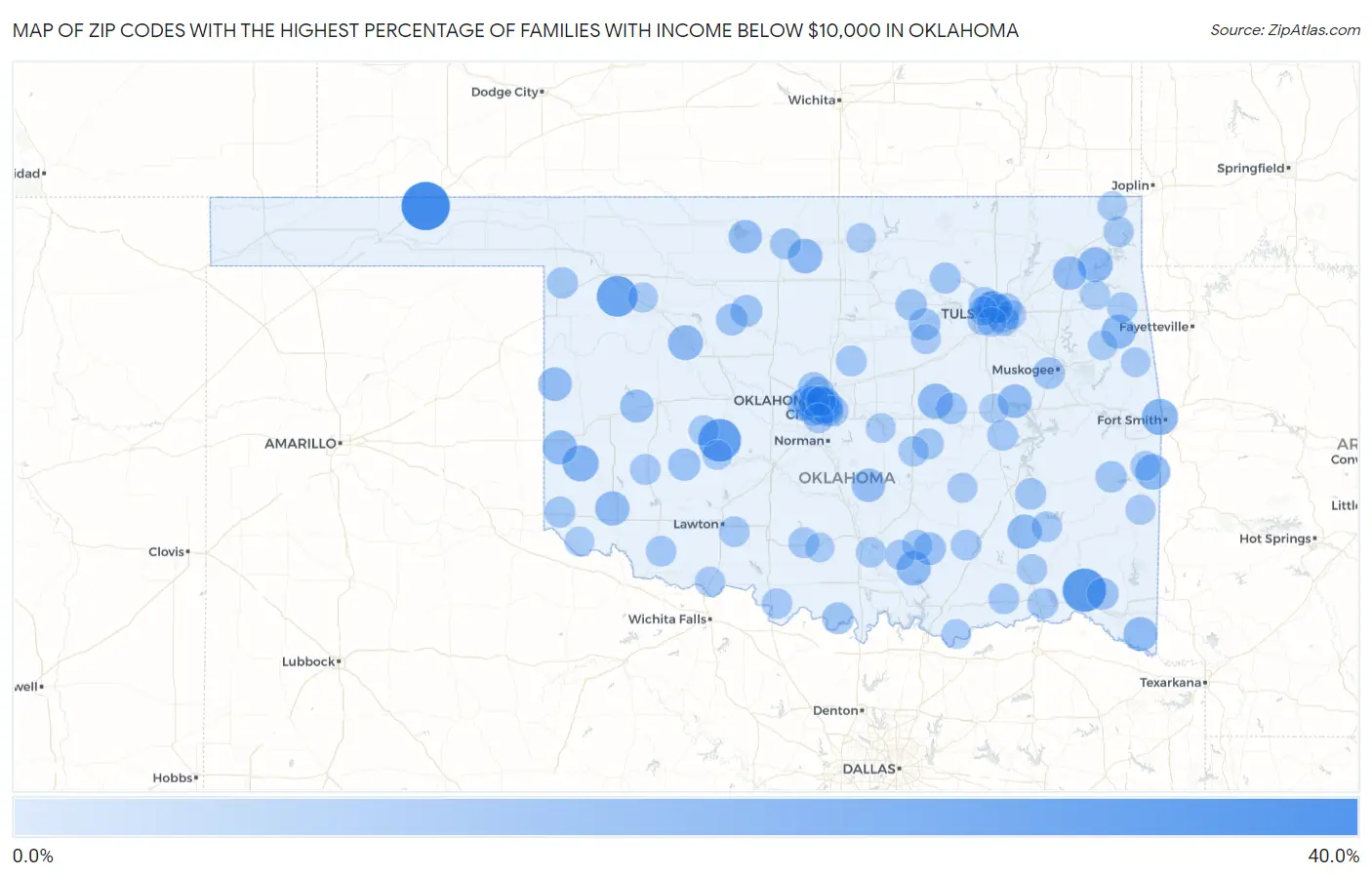 Zip Codes with the Highest Percentage of Families with Income Below $10,000 in Oklahoma Map