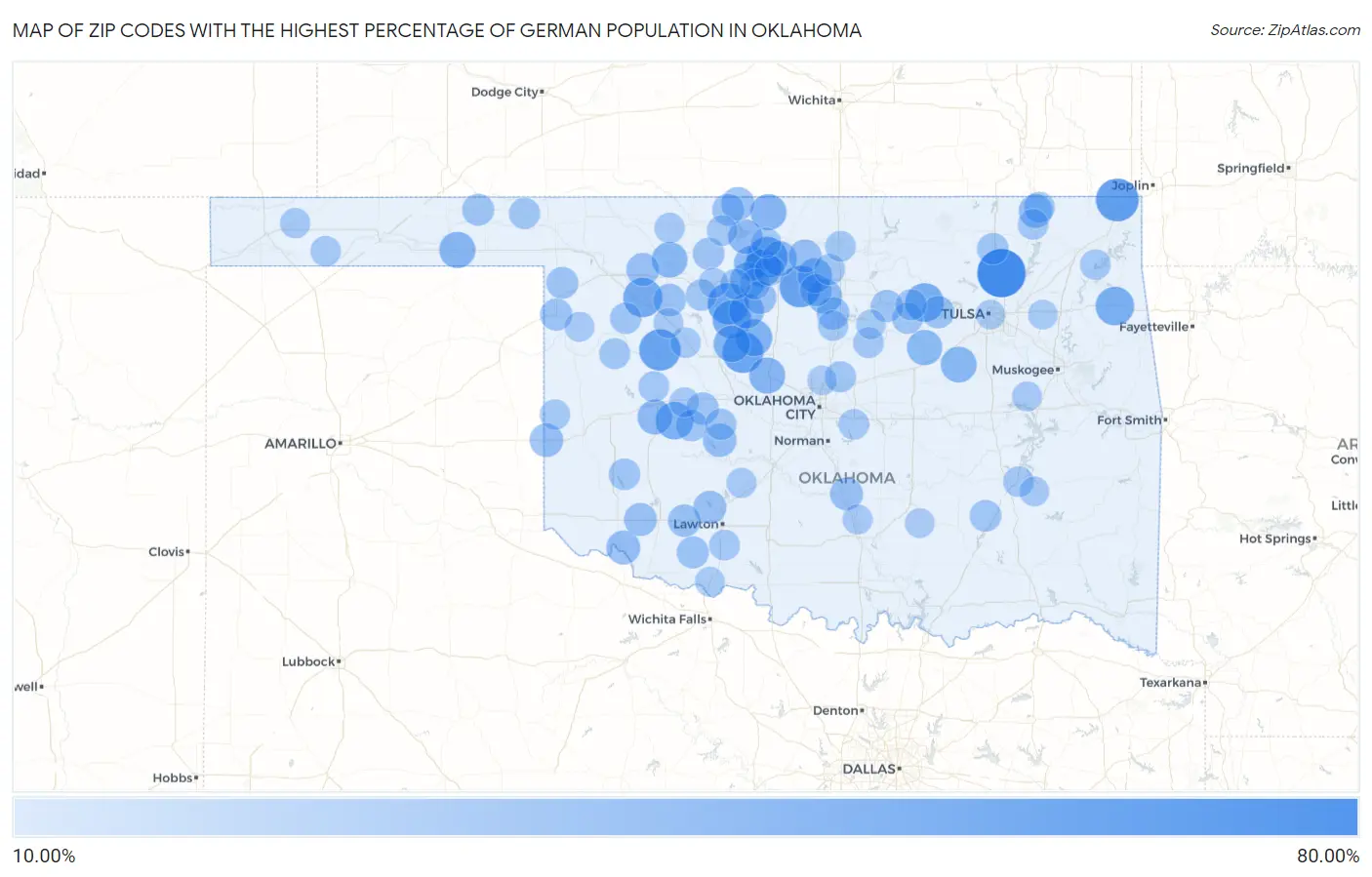 Zip Codes with the Highest Percentage of German Population in Oklahoma Map