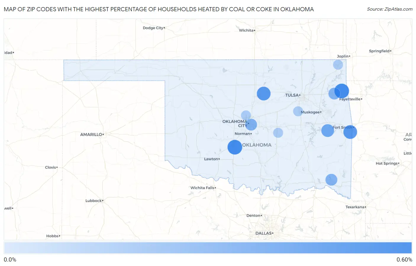Zip Codes with the Highest Percentage of Households Heated by Coal or Coke in Oklahoma Map
