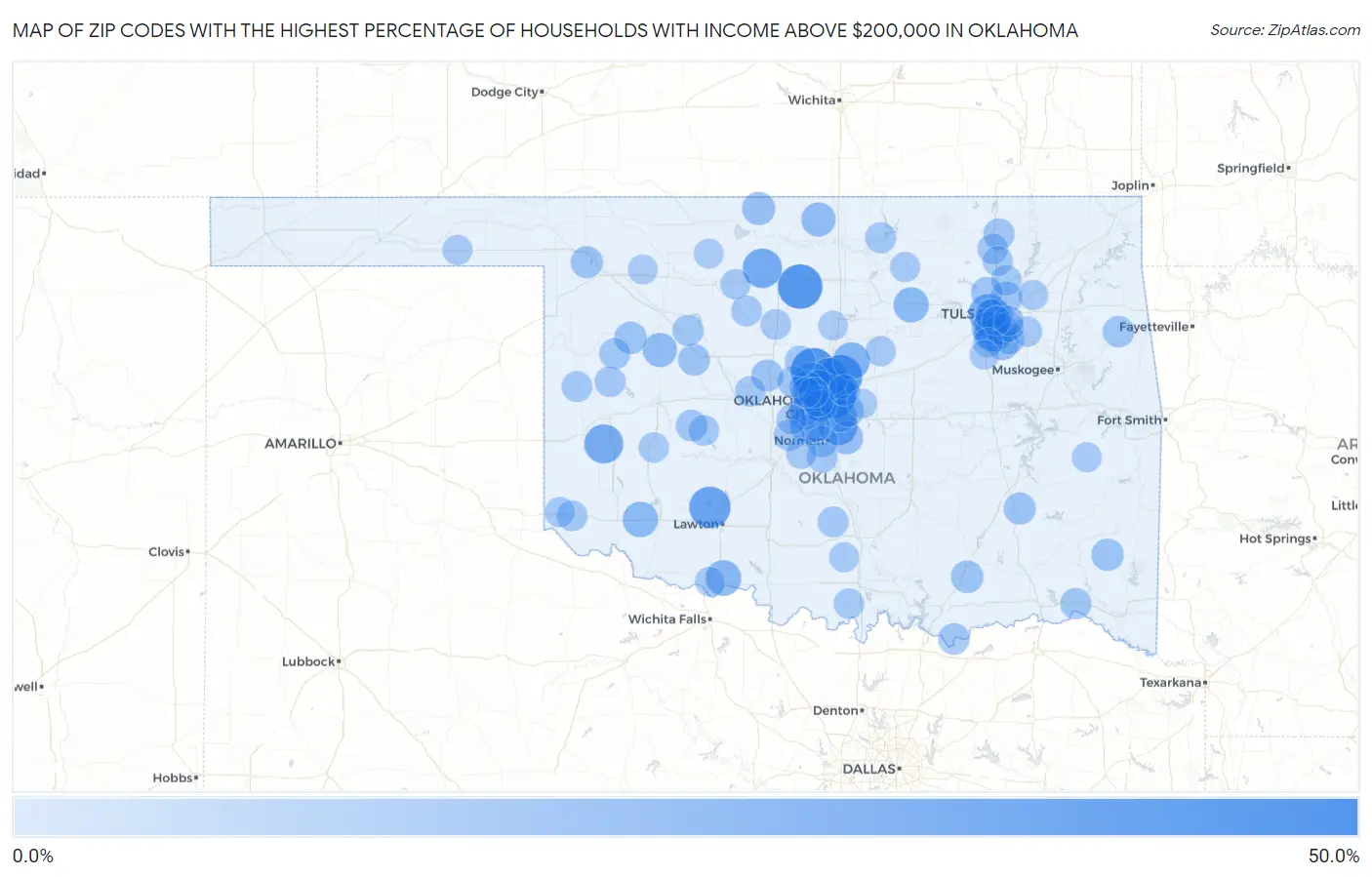 Zip Codes with the Highest Percentage of Households with Income Above $200,000 in Oklahoma Map