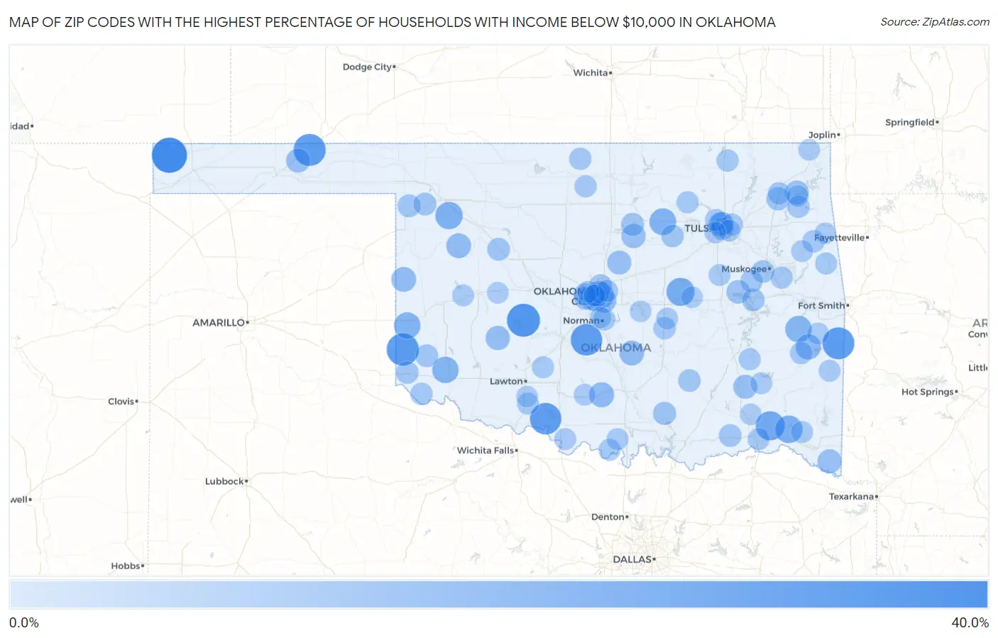 Zip Codes with the Highest Percentage of Households with Income Below $10,000 in Oklahoma Map