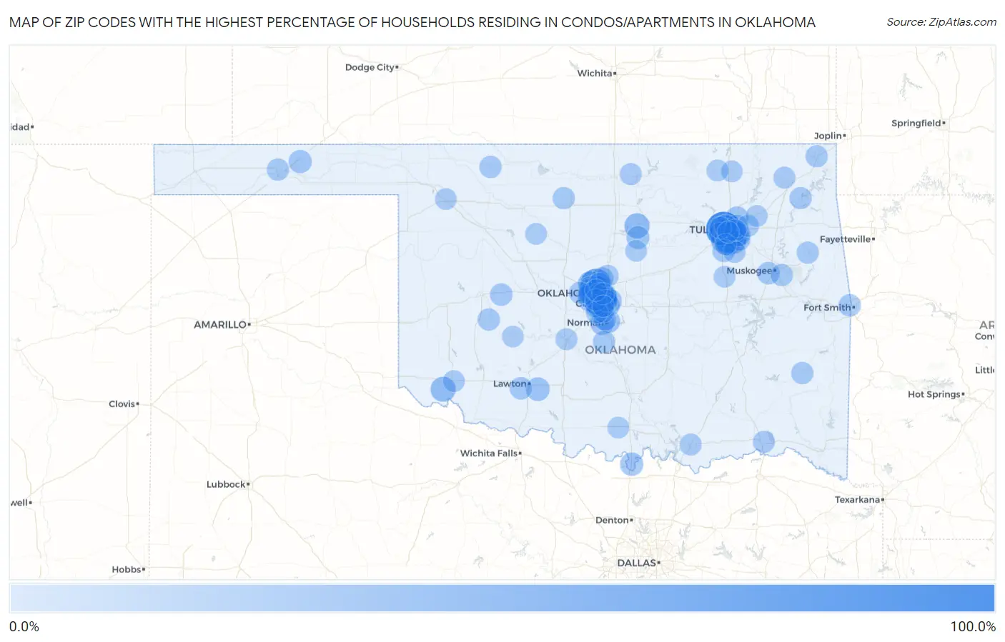 Zip Codes with the Highest Percentage of Households Residing in Condos/Apartments in Oklahoma Map