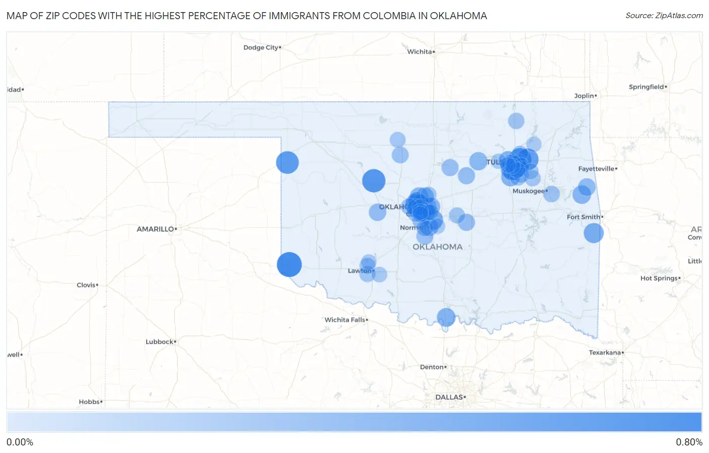 Zip Codes with the Highest Percentage of Immigrants from Colombia in Oklahoma Map