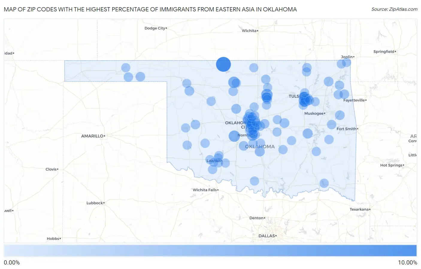 Zip Codes with the Highest Percentage of Immigrants from Eastern Asia in Oklahoma Map