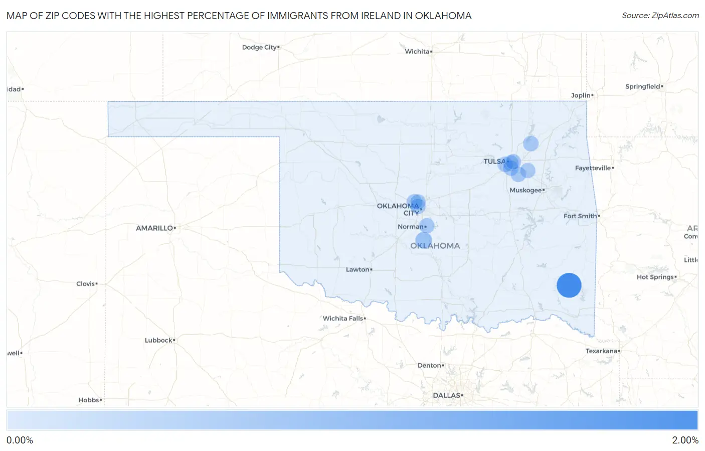 Zip Codes with the Highest Percentage of Immigrants from Ireland in Oklahoma Map
