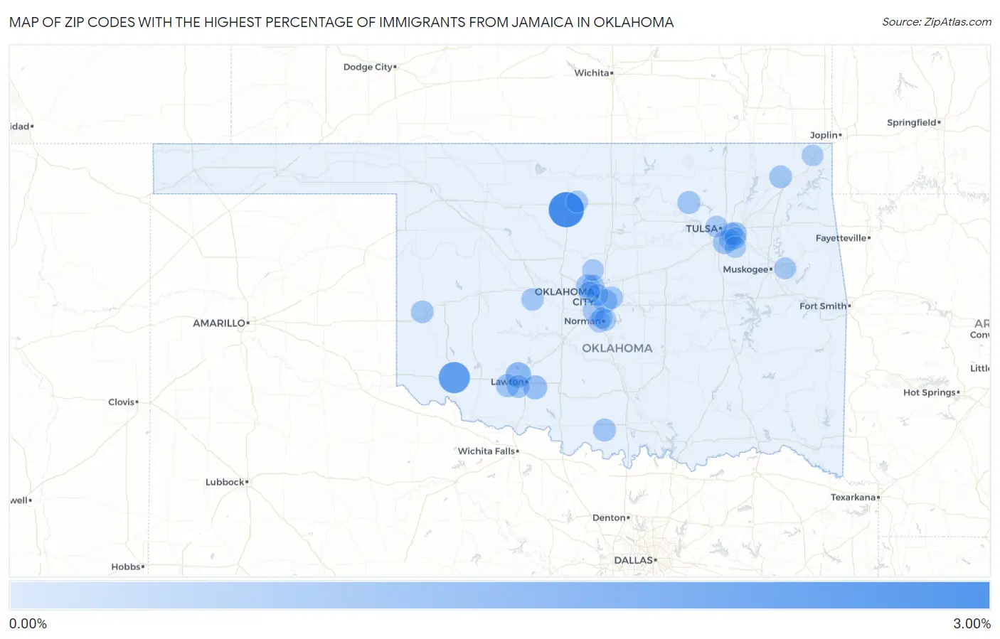 Zip Codes with the Highest Percentage of Immigrants from Jamaica in Oklahoma Map